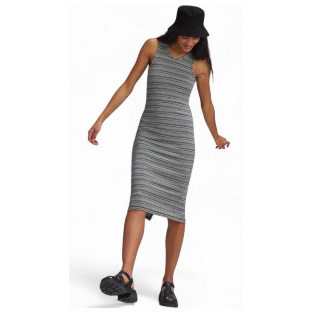 Marine Layer Lexi Grey Black Stripe Ribbed Sleeveless Midi Dress Womens Medium